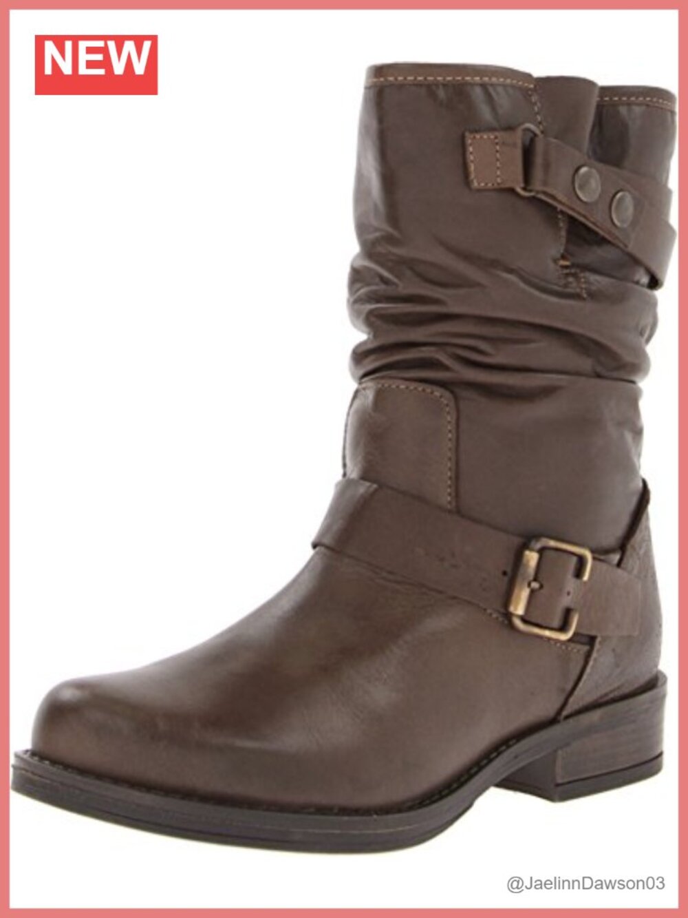 Leather Moto Ankle Bootie Slouchy Shaft Harness Straps Stacked Heel Pull-On